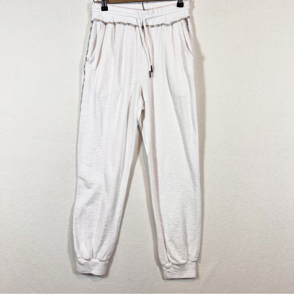 Self Contrast White Cotton Jogger Loungewear Set Sze M Colorful Embroidered Seam - Picture 7 of 13